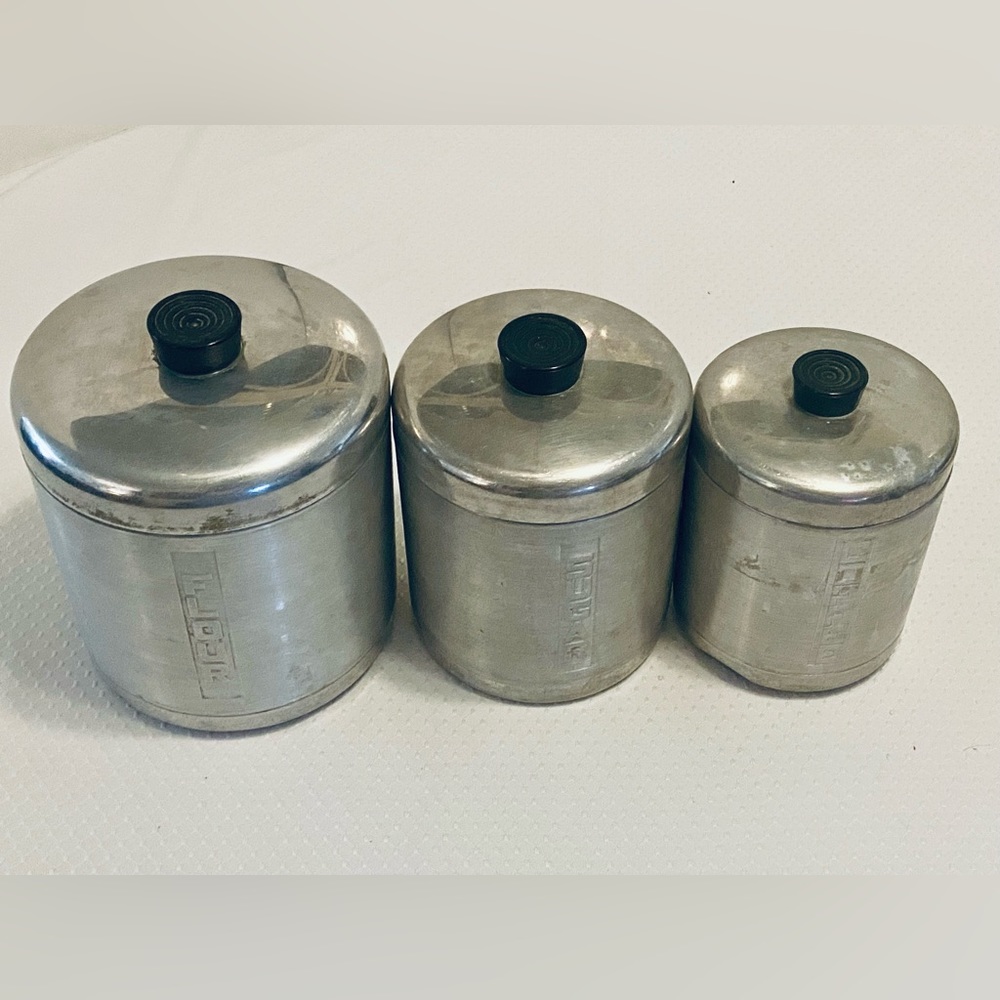 Nesting Aluminum Canisters & Lids. Flour, Sugar & Coffee. Sold as pictured